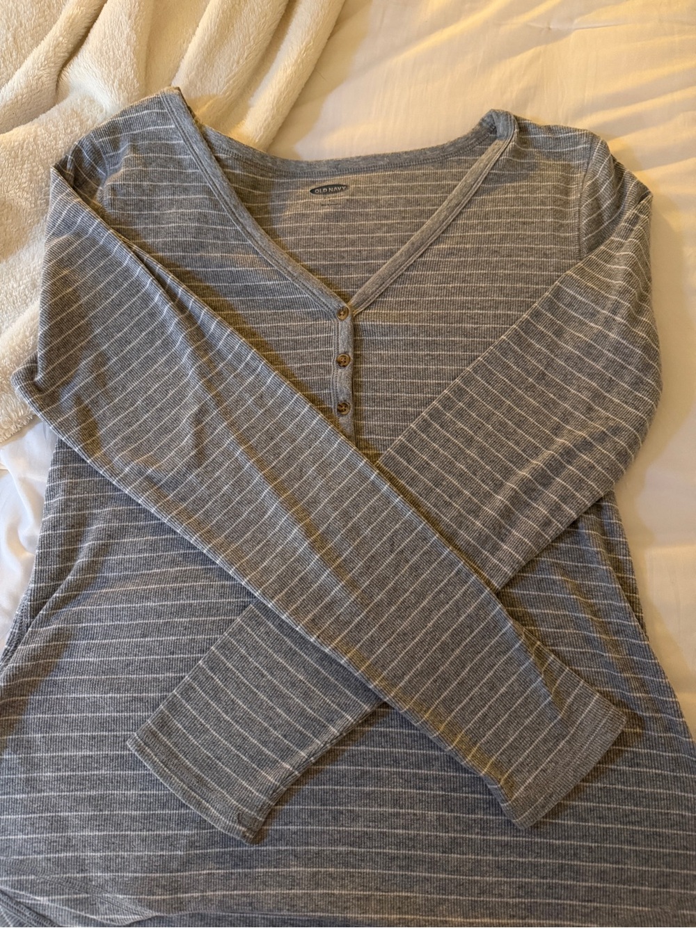 Old Navy Gray and White Striped V-Neck Henley